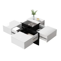 Multifunctional Coffee Table with 4 Drawers and Storage, High Gloss Top, 70x70x35 cm, White(m-12)