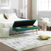 Banc coffre de rangement minimaliste moderne avec pieds en métal doré, banc en velours rembourré, table de chevet multifonctionnelle facile à monter pour chambre, salon, hall d'entrée, Vert(m-1)