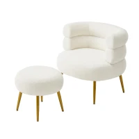 Boucle Snuggle Chair with Footstool Set, Fuzzy Tub Chair Lounge Chair with Footrest for Living Room, Bedroom, Study, 74.5x67x73 cm, White(m-13)
