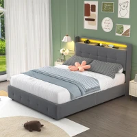 Doppelbett mit USB-Ladekopfteil, Ausziehbett, Polsterbett mit LED-Beleuchtung und 2 Schubladen, 160x200 cm Stauraumbettgestell, ohne Matratze, Grau(m-5)