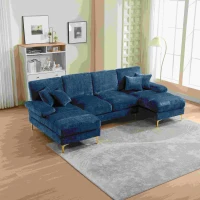 Modernes großes U-förmiges Chenille-Sofa mit Doppel-Liegesitzen, für Wohnzimmer, Wohnung, Villa, Blau(m-1)