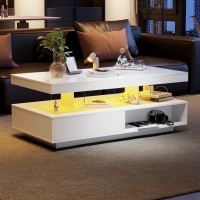 LED Coffee Table with 2 Drawer Storage, High Gloss Top and 16-Colour LED Lights, 95x50x42.5 cm, White