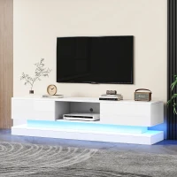 TV Table with 16-color LED Lights & 4 Dynamic Modes, High Gloss Front Panel & 2 Drawers, Up to 79 TV Size - White(m-9)