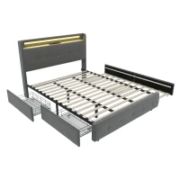 Doppelbett mit USB-Ladekopfteil, Ausziehbett, Polsterbett mit LED-Beleuchtung und 2 Schubladen, 160x200 cm Stauraumbettgestell, ohne Matratze, Grau(m-2)