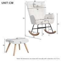 Ergonomic Design Rocking Chair with Footstool, Solid Wood and Metal Frame, Perfect for Garden and Outdoor Use, 65x93x92 cm, White(m-3)