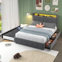Doppelbett mit USB-Ladekopfteil, Ausziehbett, Polsterbett mit LED-Beleuchtung und 2 Schubladen, 160x200 cm Stauraumbettgestell, ohne Matratze, Grau(m-1)