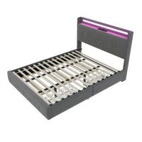 Lit double rembourré avec tête de lit USB, éclairage LED et 2 tiroirs, cadre de lit avec rangement 160x200 cm, sommier à lattes en bois, Gris(m-10)