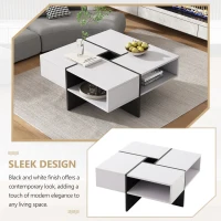 Multifunctional Square Coffee Table with Storage Spaces, High-Gloss Finish, Modern Sofa Table for Living Room, Sitting Room, 70x70x35 cm, White(m-4)