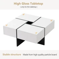 Multifunctional Coffee Table with 4 Drawers and Storage, High Gloss Top, 70x70x35 cm, White(m-6)