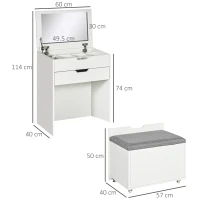 HOMCOM Dressing Table with Flip-up Mirror and Storage Stool, Vanity Table with Drawer and Hidden Compartments for Bedroom, Living Room, White(m-3)