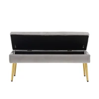 Banc coffre minimaliste moderne avec pieds en métal doré, banc en velours rembourré, table de chevet multifonctionnelle facile à monter pour chambre à coucher, salon, foyer, Gris foncé(m-11)