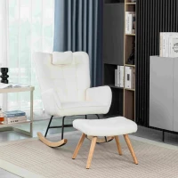 Ergonomic Design Rocking Chair with Footstool, Solid Wood and Metal Frame, Perfect for Garden and Outdoor Use, 65x93x92 cm, White(m-7)