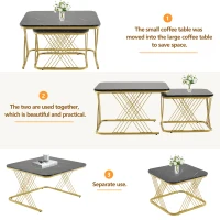 Nesting Coffee Tables with Gold Metal Frame, Marble Pattern Top, Multi-functional Sofa Side Tables for Bedroom, Living Room, 70x70x43 cm, Black(m-5)