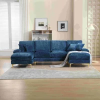 Modernes großes U-förmiges Chenille-Sofa mit Doppel-Liegesitzen, für Wohnzimmer, Wohnung, Villa, Blau(m-4)