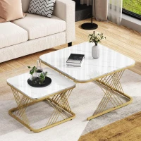 Nest of 2 Settee Side Table with Gold Metal Frame, Marble Pattern Top, Multi-functional Modern Coffee Table for Home, 70x70x43 cm, White(m-1)