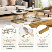 Nest of 2 Settee Side Table with Gold Metal Frame, Marble Pattern Top, Multi-functional Modern Coffee Table for Home, 70x70x43 cm, White(m-6)