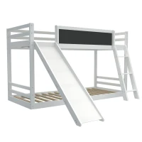 Letto a castello con scala e scivolo, recinzione con lavagna, doppio letto per bambini, Senza materasso, Bianco(m-2)
