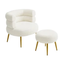 Boucle Snuggle Chair with Footstool Set, Fuzzy Tub Chair Lounge Chair with Footrest for Living Room, Bedroom, Study, 74.5x67x73 cm, White(m-2)