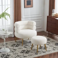 Boucle Snuggle Chair with Footstool Set, Fuzzy Tub Chair Lounge Chair with Footrest for Living Room, Bedroom, Study, 74.5x67x73 cm, White(m-1)