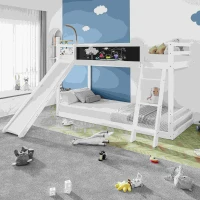 Letto a castello con scala e scivolo, recinzione con lavagna, doppio letto per bambini, Senza materasso, Bianco(m-5)