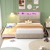 Doppelbett mit USB-Ladekopfteil, Ausziehbett, Polsterbett mit LED-Beleuchtung und 2 Schubladen, 140x200 cm Stauraumbettgestell, ohne Matratze, Beige(m-4)