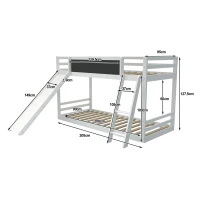 Letto a castello con scala e scivolo, recinzione con lavagna, doppio letto per bambini, Senza materasso, Bianco(m-3)