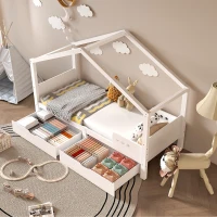 Lit pour enfant avec double tiroir, barrière de sécurité, sommier à lattes stable, bureau enfant avec rangement, sans matelas, Blanc(m-6)