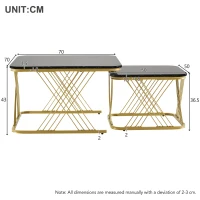 Nesting Coffee Tables with Gold Metal Frame, Marble Pattern Top, Multi-functional Sofa Side Tables for Bedroom, Living Room, 70x70x43 cm, Black(m-3)