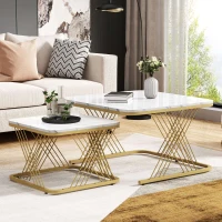 Nest of 2 Settee Side Table with Gold Metal Frame, Marble Pattern Top, Multi-functional Modern Coffee Table for Home, 70x70x43 cm, White(m-9)