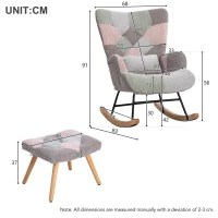 Rocking Garden Chair Set with Footstool and Pillow, Wingback Accent Chair with Solid Wood Legs and Side Pocket, 68x83x91 cm, Blue+Grey(m-3)