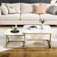 Nest of 2 Settee Side Table with Gold Metal Frame, Marble Pattern Top, Multi-functional Modern Coffee Table for Home, 70x70x43 cm, White(m-8)