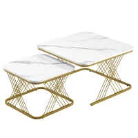 Nest of 2 Settee Side Table with Gold Metal Frame, Marble Pattern Top, Multi-functional Modern Coffee Table for Home, 70x70x43 cm, White(m-2)