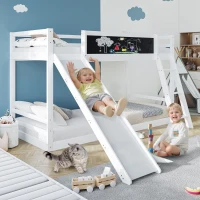 Letto a castello con scala e scivolo, recinzione con lavagna, doppio letto per bambini, Senza materasso, Bianco(m-1)