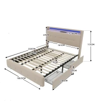 Doppelbett mit USB-Ladekopfteil, Ausziehbett, Polsterbett mit LED-Beleuchtung und 2 Schubladen, 160x200 cm Stauraumbettgestell, ohne Matratze, Beige(m-3)