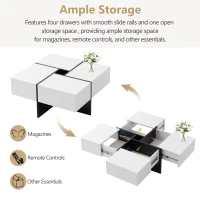 Multifunctional Coffee Table with 4 Drawers and Storage, High Gloss Top, 70x70x35 cm, White(m-5)