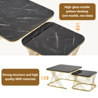 Nesting Coffee Tables with Gold Metal Frame, Marble Pattern Top, Multi-functional Sofa Side Tables for Bedroom, Living Room, 70x70x43 cm, Black(m-7)