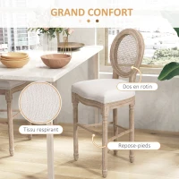 HOMCOM Lot de 2 chaises de bar médaillon Style Louis XVI bois massif sculpté patiné aspect lin 48 x 56 x 118 cm crème(m-5)