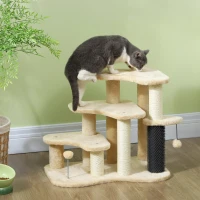 PawHut 2-in-1 Cat Tree, Pet Stairs with Scratching Tickling Post, Toy Balls, for Bed, Sofa, Couch, Beige(m-2)