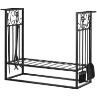 HOMCOM Suporte para Lenhas 75x30x60cm Porta Lenha com Desenho Vintage com 4 Ferramentas Base Elevada Carga Máxima 100kg Aço Preto(m-12)