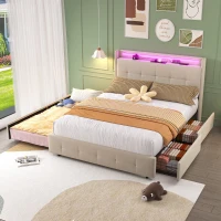 Lit double rembourré avec tête de lit USB, éclairage LED et 2 tiroirs, cadre de lit avec espace de rangement, sommier à lattes en bois, Beige(m-1)