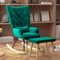 HOMCOM Schommelstoel met Poef, Gestoffeerd, Hoge Rugleuning, Fluweel Look, tot 150 kg, Groen(m-9)