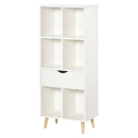 HOMCOM Estante para Livros com 6 Compartimentos Abertos 1 Gaveta e Pés de Madeira para Armazenamento de Brinquedos CDs Plantas 50x29,5x120cm Branco(m-10)