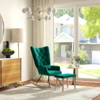 HOMCOM Schommelstoel met Poef, Gestoffeerd, Hoge Rugleuning, Fluweel Look, tot 150 kg, Groen(m-8)