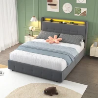 Letto matrimoniale con testiera USB, letto estraibile, letto imbottito con illuminazione LED e 2 cassetti, 140x200 cm, Senza materasso, Grigio(m-1)