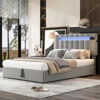 Upholstered Hydraulic Double Sofa Bed with Bluetooth Stereo, USB Ports, Storage Pockets, and LED Light Strips, 198x150x120 cm, Gray(m-1)