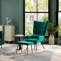 HOMCOM Schommelstoel met Poef, Gestoffeerd, Hoge Rugleuning, Fluweel Look, tot 150 kg, Groen(m-7)