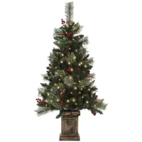 HOMCOM 1.2m/4ft Artificial Christmas Tree with 100 Warm White LED Lights and 8 Modes, Small Xmas Tree with Red Berries, Pine Cones and Retro Base, Green(m-11)