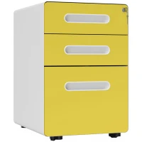 Vinsetto 3 Drawer Filing Cabinet, Steel Lockable File Cabinet with Lock and Wheels, for A4, Letter, Legal Sized Files, Yellow(m-1)