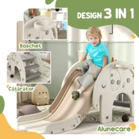 AIYAPLAY Tobogan pentru Copii 3 în 1, Tobogan din Plastic cu Coș și Design de Elefant, 163x57x75 cm, Alb Crem(m-4)