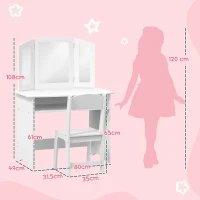 AIYAPLAY Set de Machiaj pentru Fetițe de 3-6 ani cu Oglindă Triplă Detașabilă și Scaun din Lemn, 80x49x108 cm, Alb(m-3)